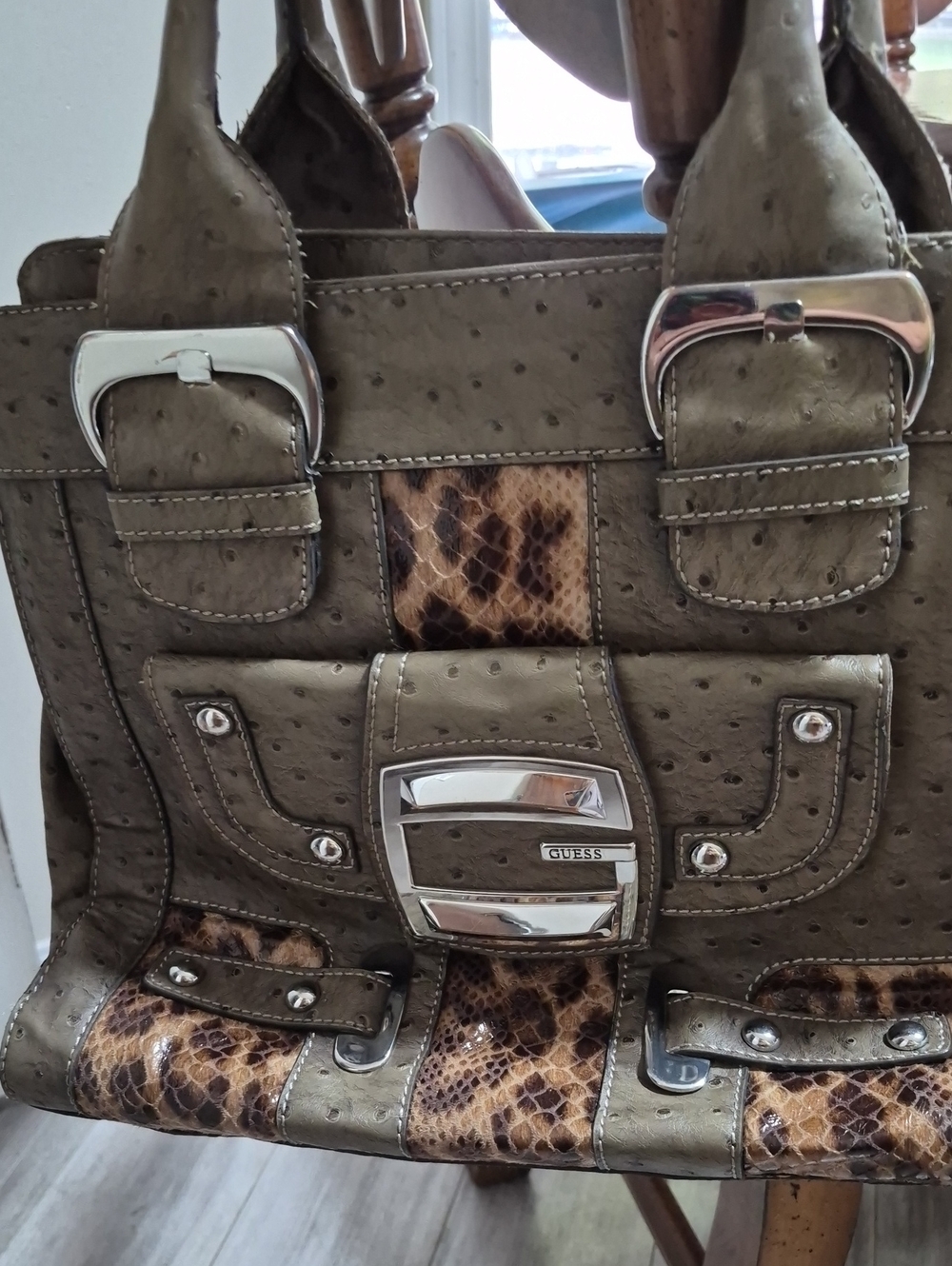 GUESS Olive Green Faux Ostrich & Snakeskin-Accent Shoulder Bag